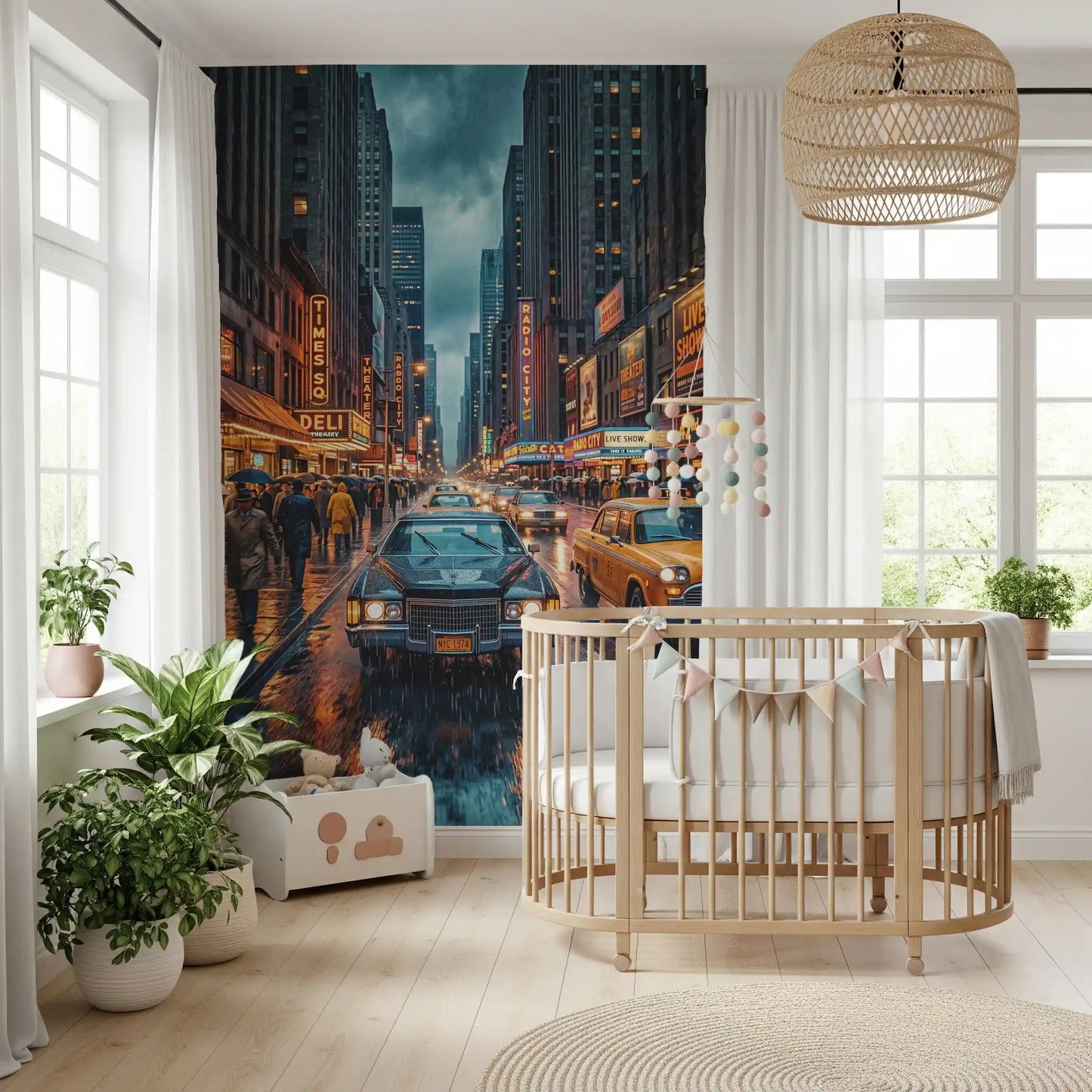Neon Rain vintage New York wall mural with classic taxis