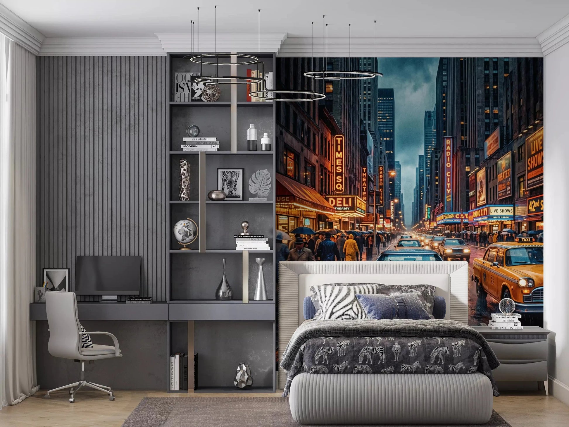 Bedroom Neon Rain vintage New York street wall mural scene