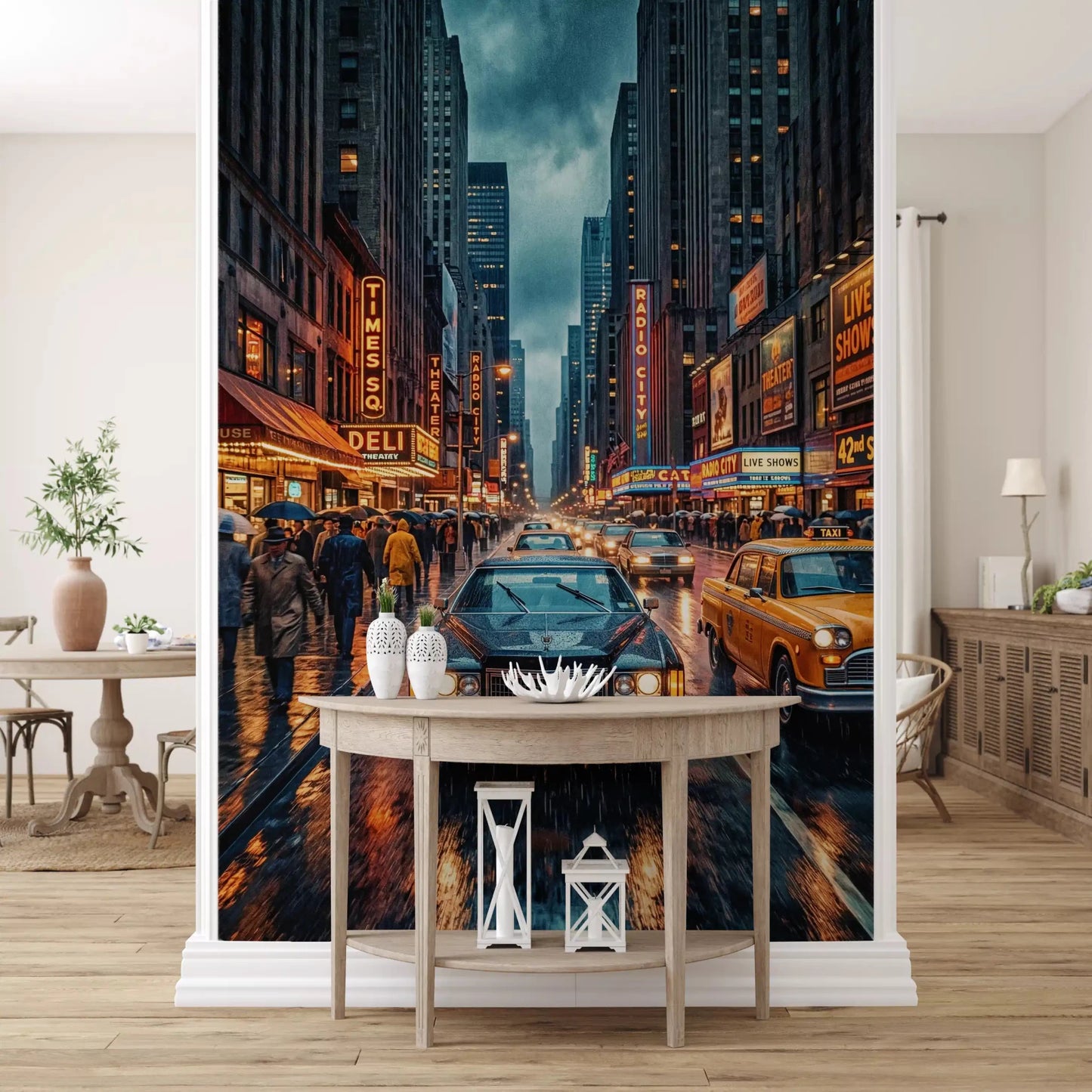 Urban NYC wall mural with retro taxis and glowing lights