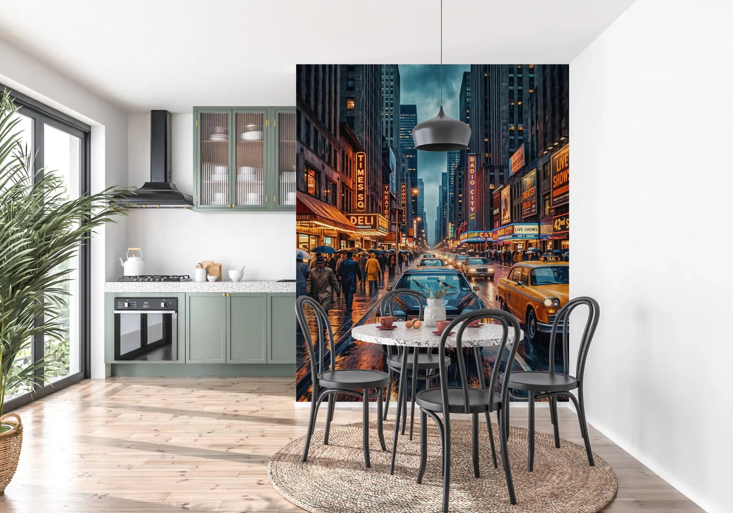 NYC vintage street wall mural with neon and rain reflections