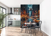NYC vintage street wall mural with neon and rain reflections