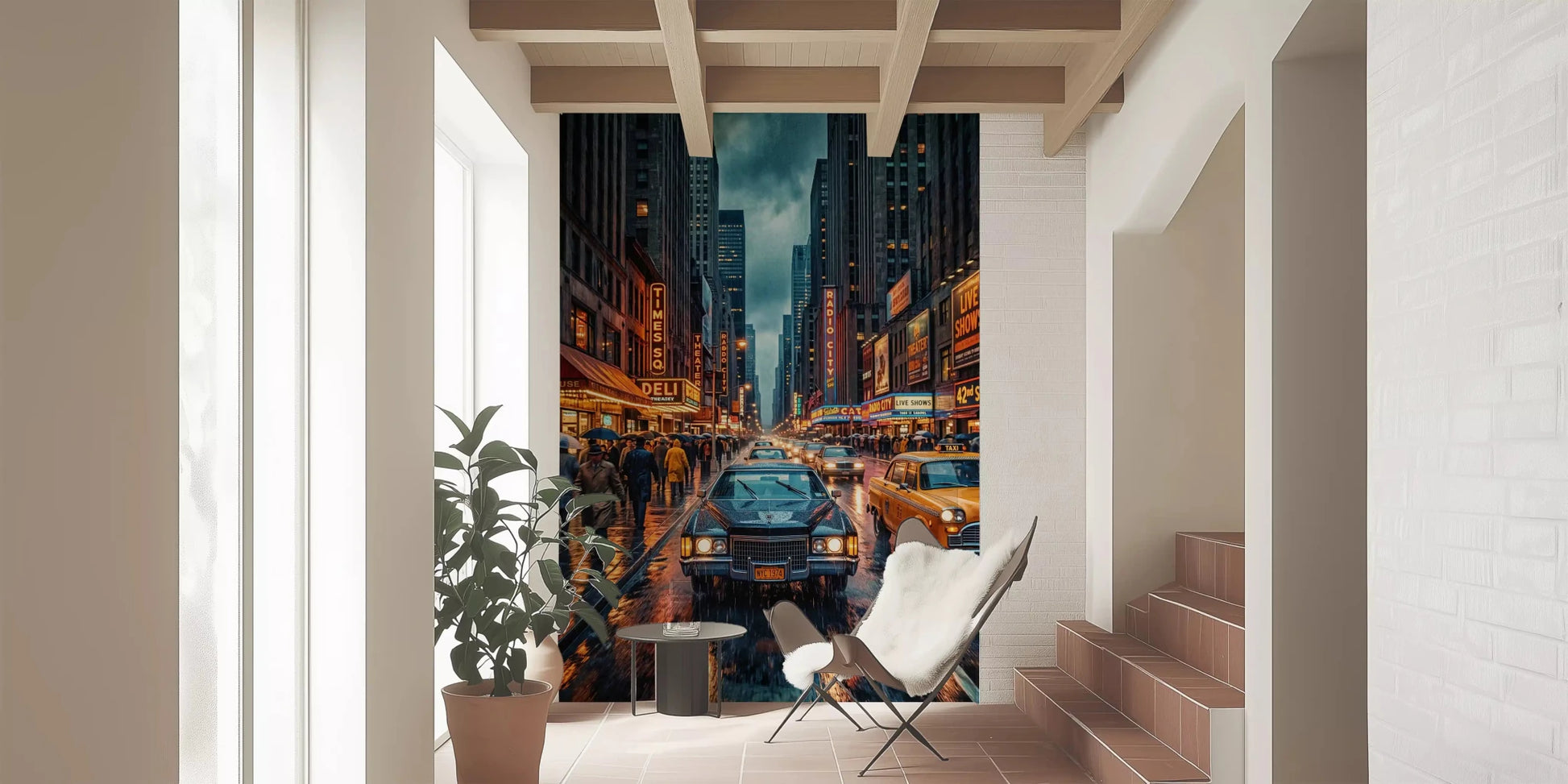 City night wall mural with vintage taxis and wet streets