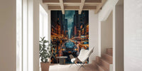 City night wall mural with vintage taxis and wet streets