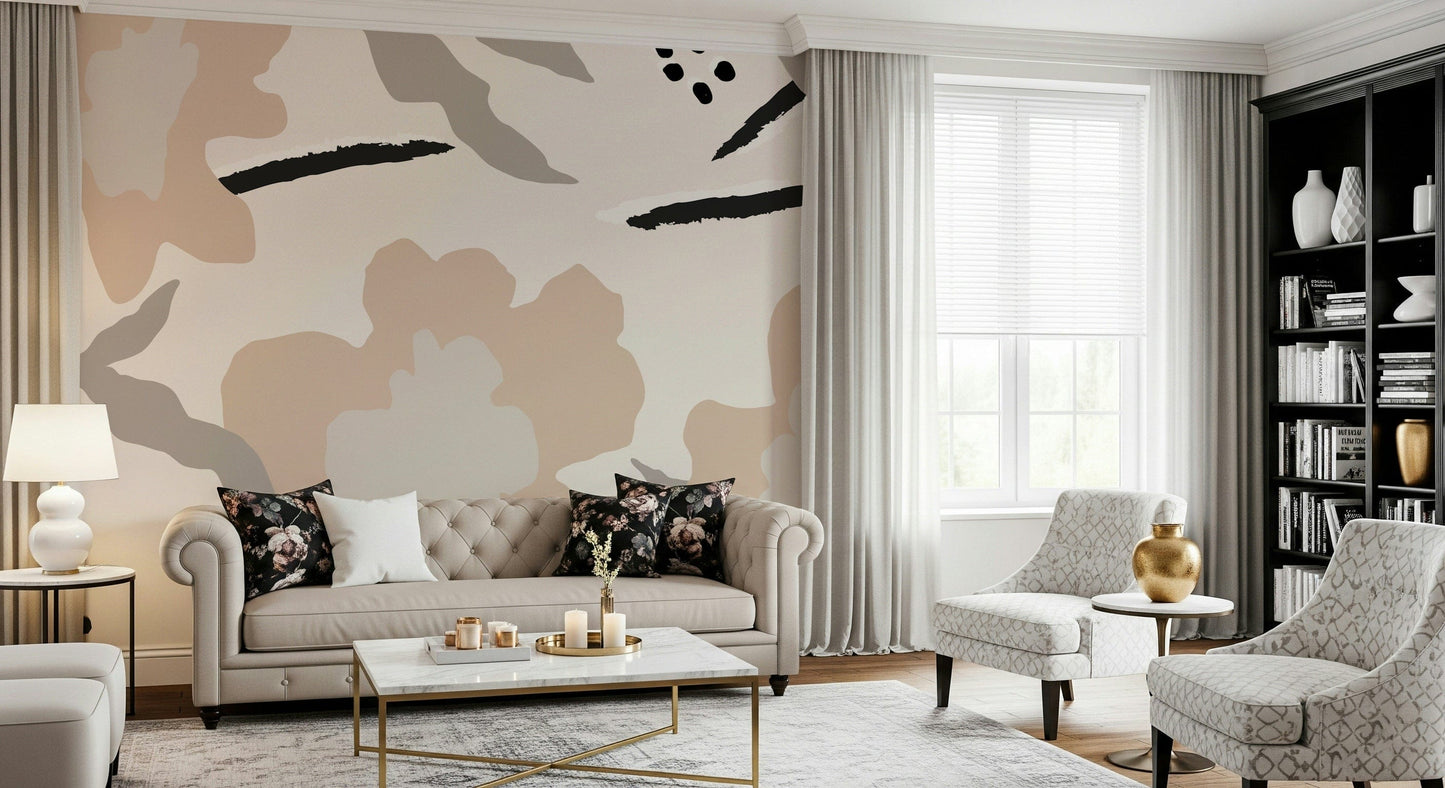 An abstract delicate petal mural on minimalist wallpaper.

