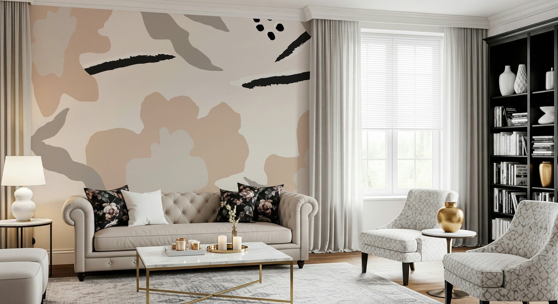 An abstract delicate petal mural on minimalist wallpaper.

