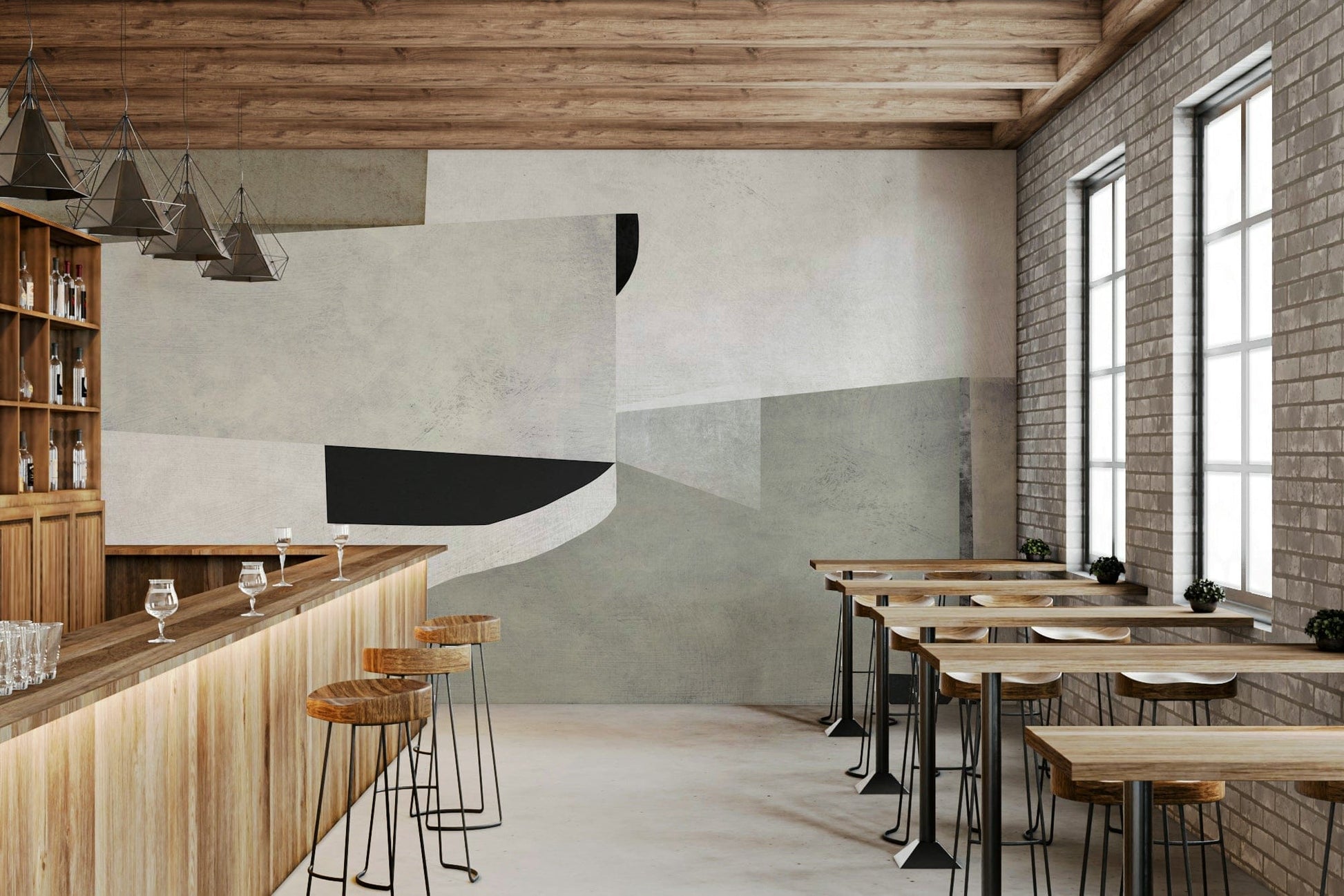 A peaceful geometric design mural on decorative wallpaper.