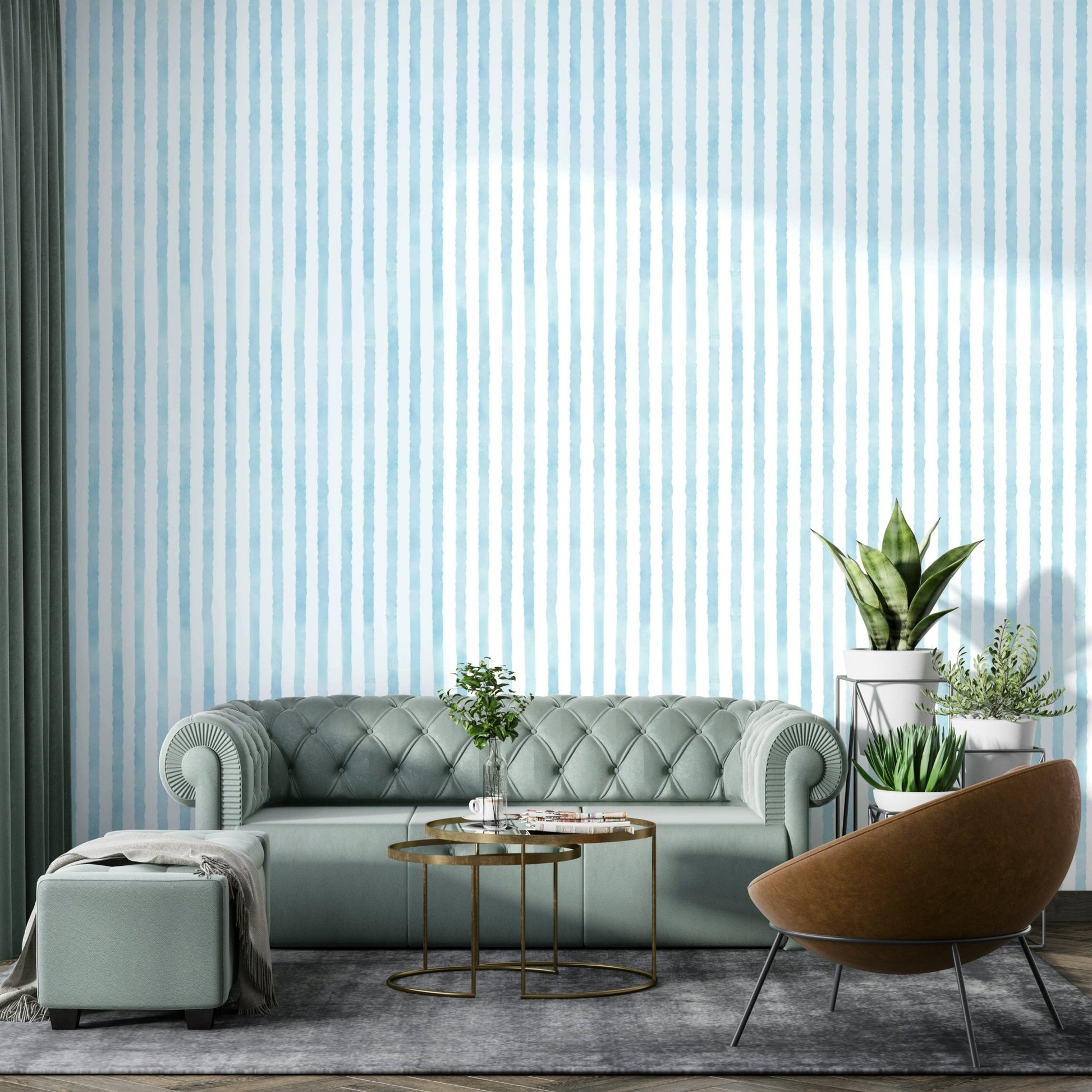 Hand-painted vertical lines in soft blue
