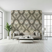 Neutral botanical wallpaper featuring abstract floral shapes arranged in a rhythmic repeating pattern
