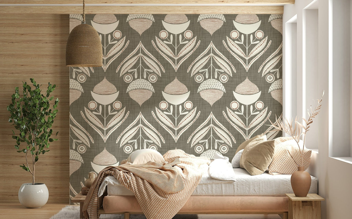 Modern textile-inspired wallpaper showcasing cream flowers and layered leaves in a structured layout