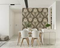 Repeating botanical motif with curved leaves, small buds, and textured seed pods in soft tones