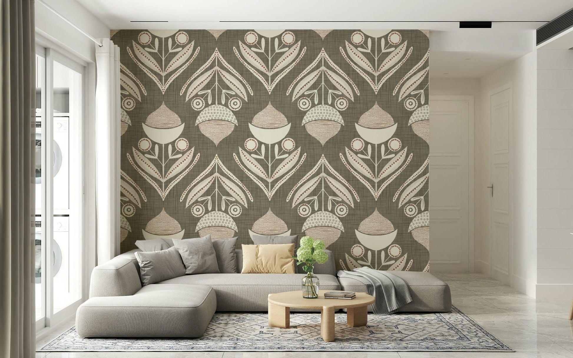 Gray wallpaper with decorative neutral blooms and geometric botanical accents in a soft palette