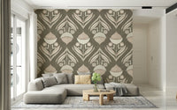 Gray wallpaper with decorative neutral blooms and geometric botanical accents in a soft palette
