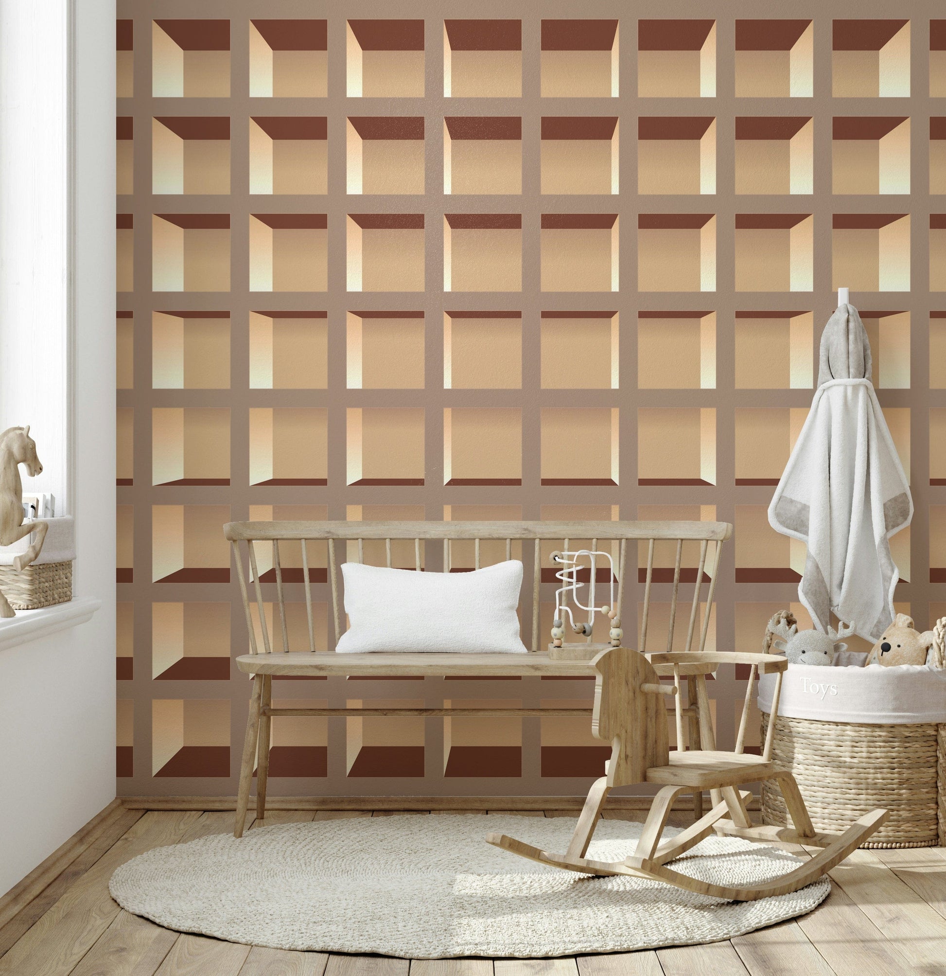 Bookcase illusion wall mural for apartment dining area feature wall, warm neutrals