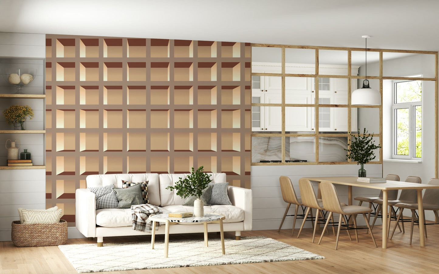 Trompe l'Oeil Neutrals Bookcase Wall Mural in home office backdrop wall decor