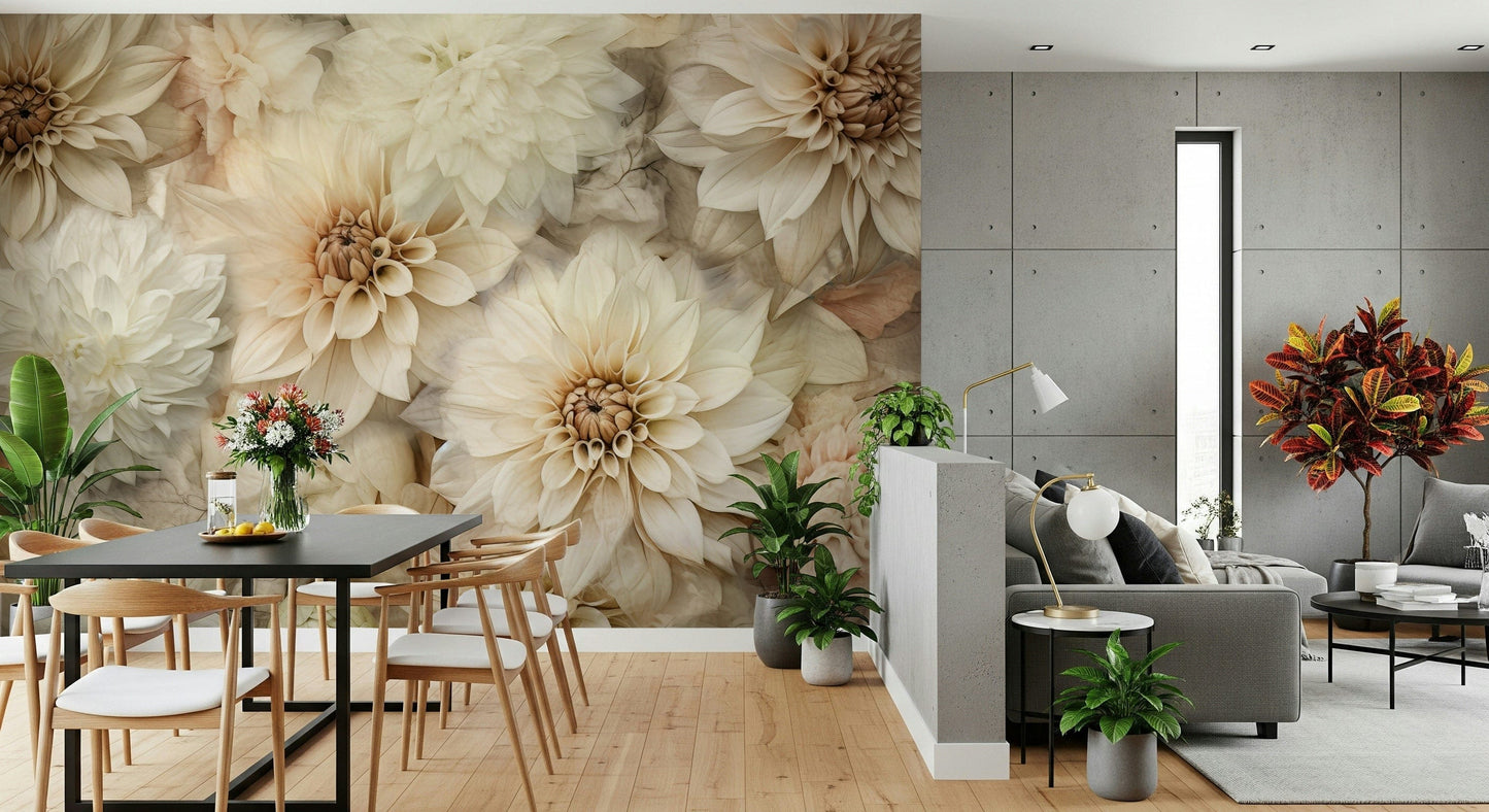 An artistic elegant flower mural on minimalist wallpaper.

