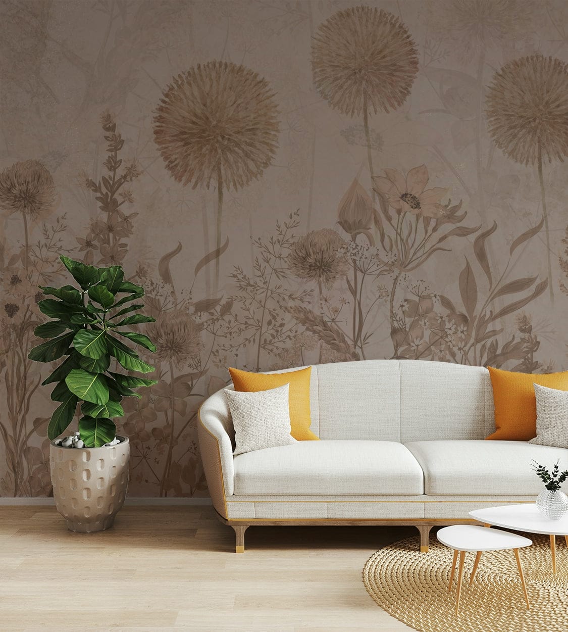 A peaceful wall mural with a garden of flowers.

