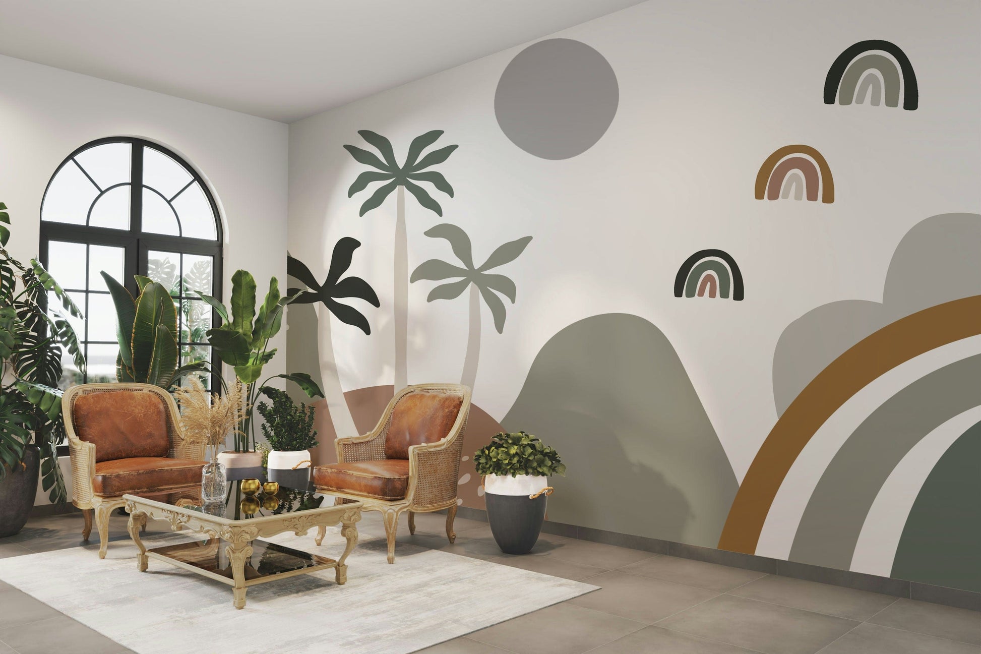 The design features soft, arched rainbows.

