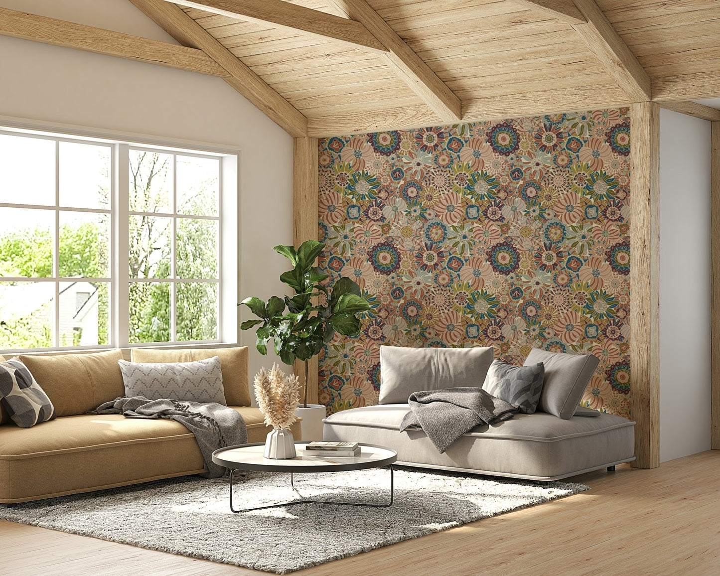 Neutral Spring Scandi Flowers mural for a living room.


