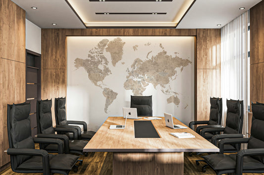 Minimalist world map mural in beige and grey tones

