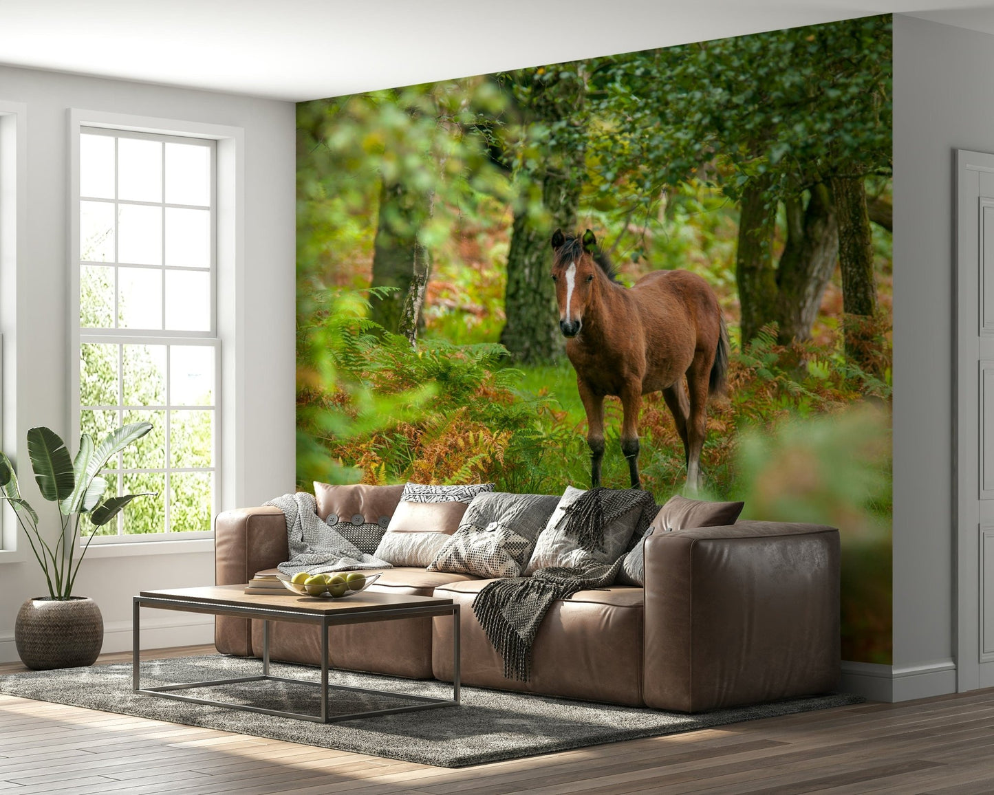 Brown horse stands in green forest wall mural