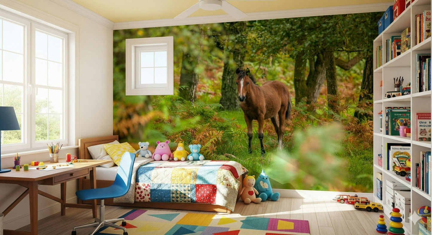 Sunny forest horse scene on bedroom wall