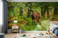 Green forest wild horse mural in seating area