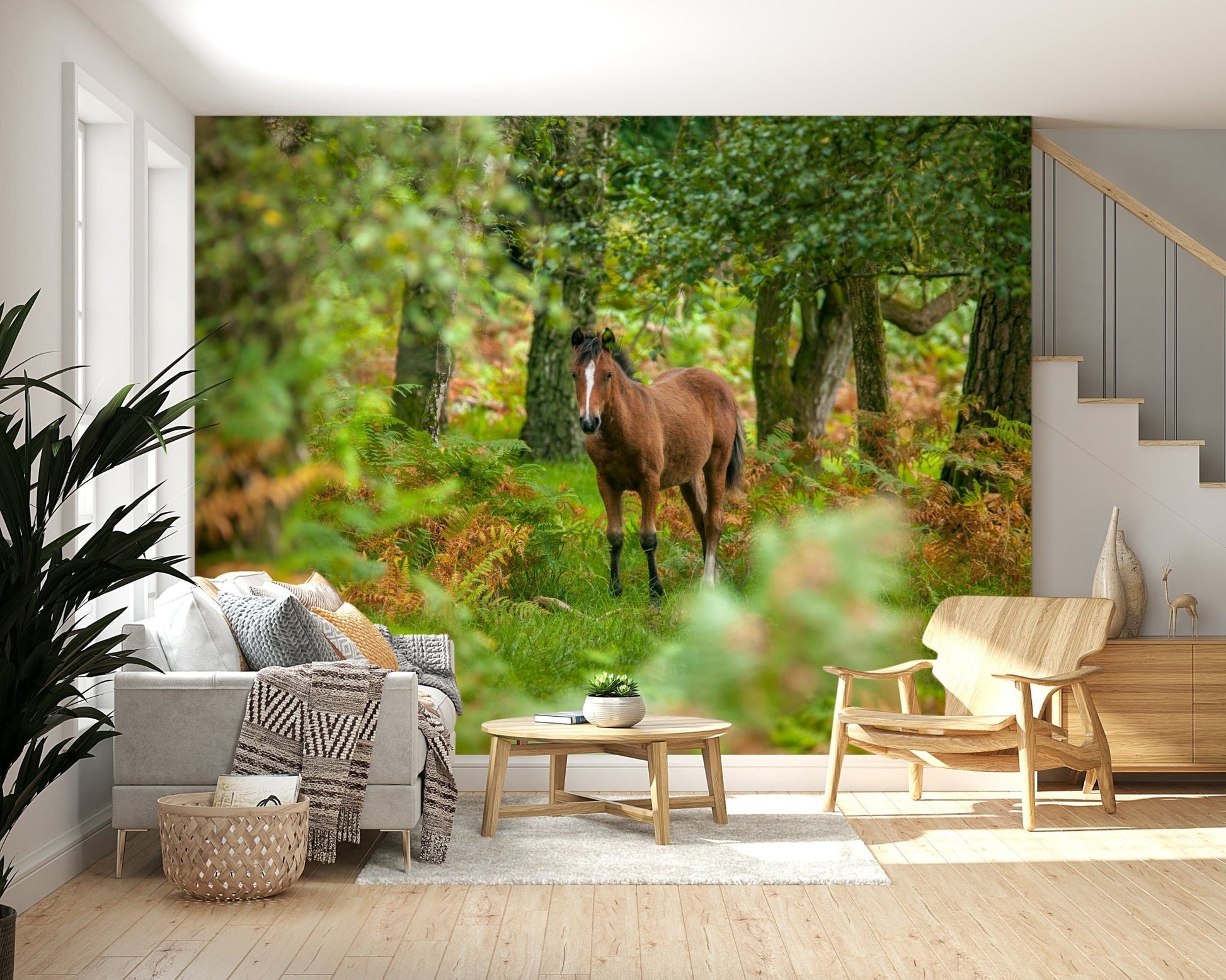 Kids room features wild horse forest wall view