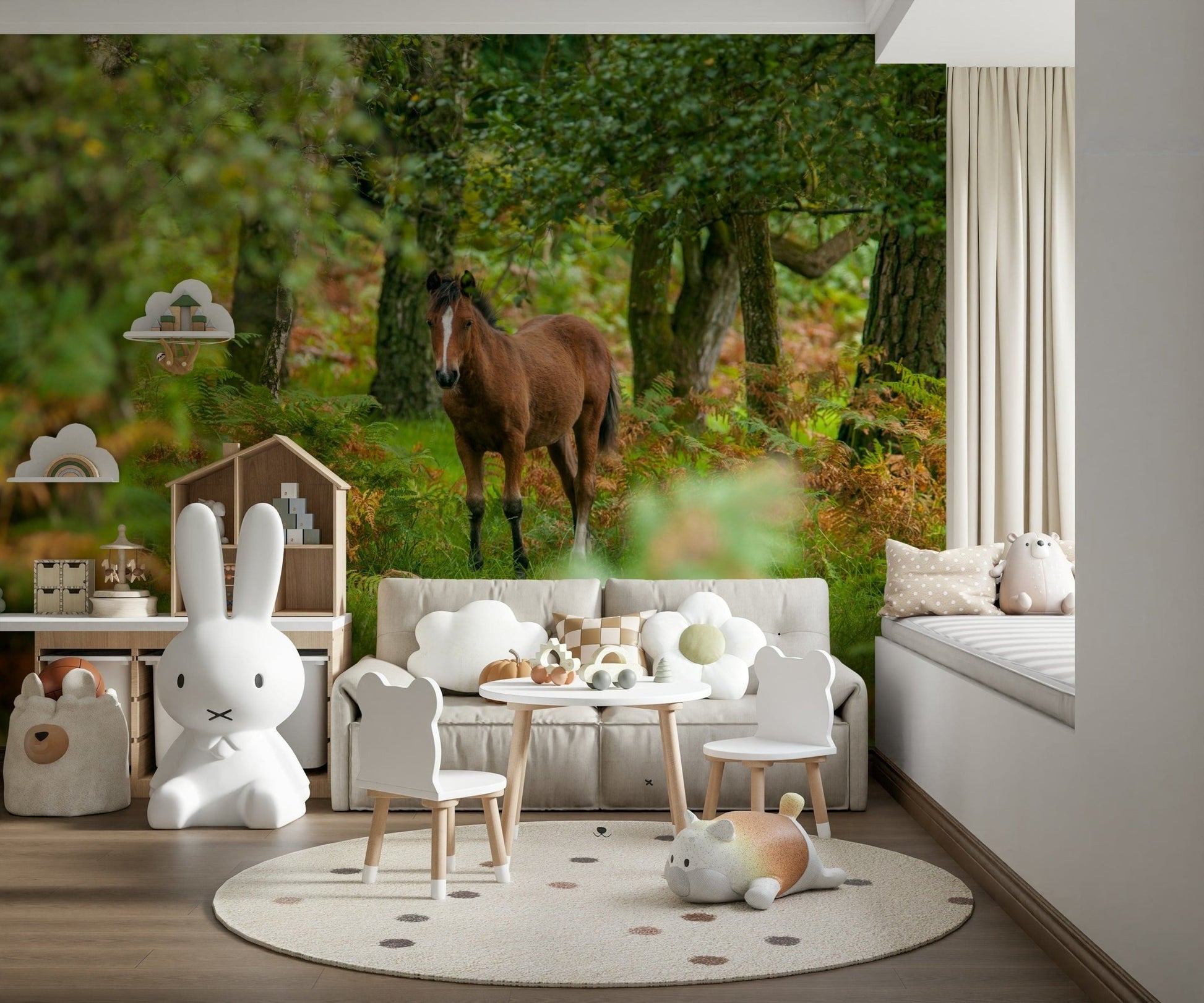 Brown pony forest wall mural, beautiful wildlife imagery, artistic finish.