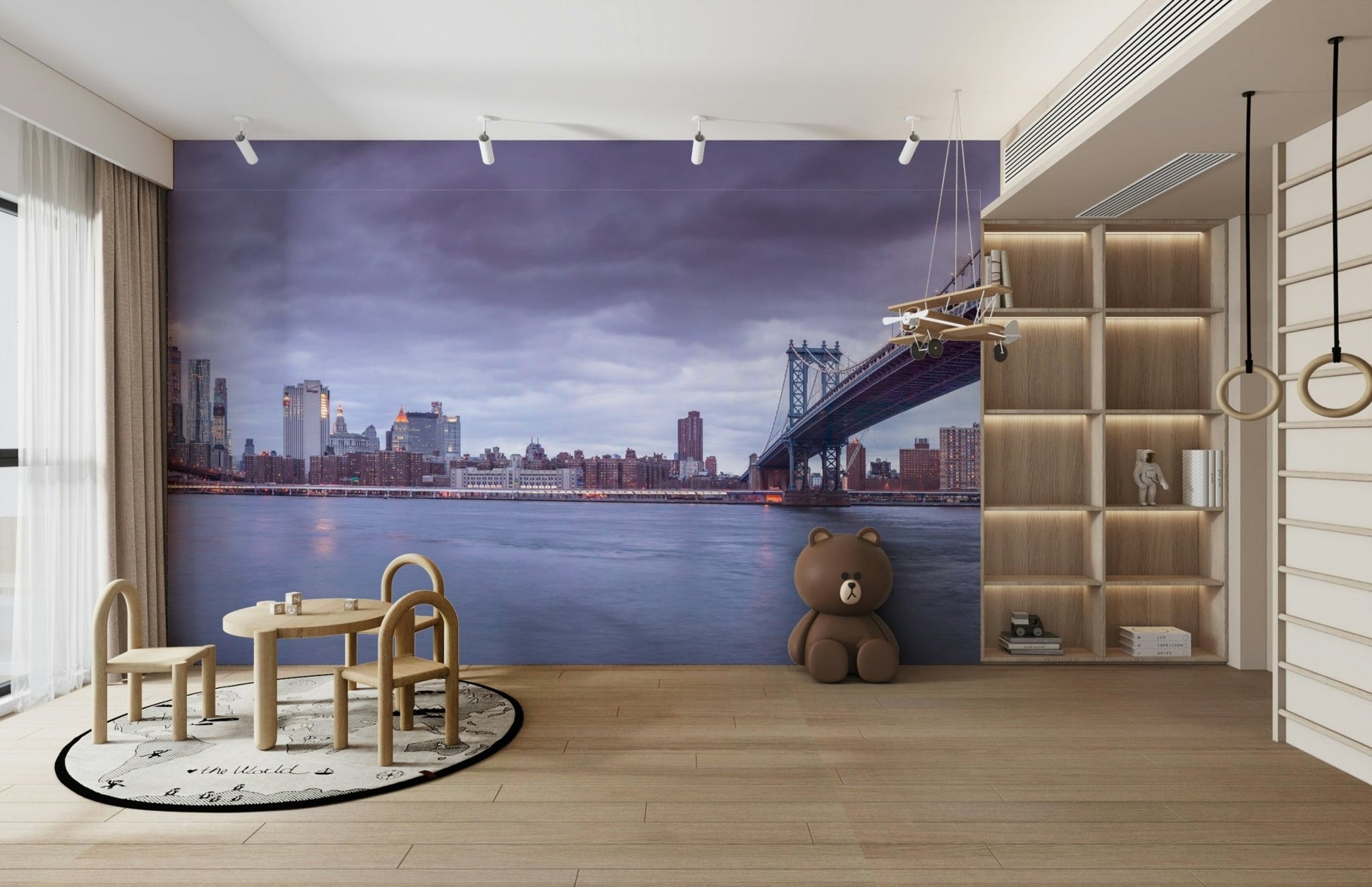 The colors are soft and gentle, with deep blues and warm golden lights.

