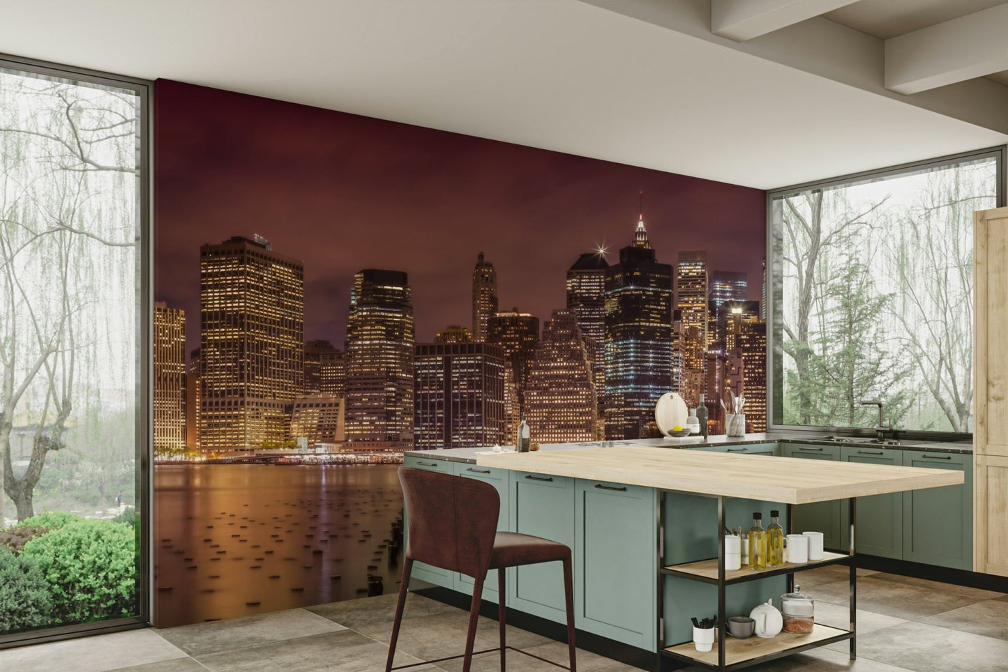 Bold cityscape mural with New York City skyline at night

