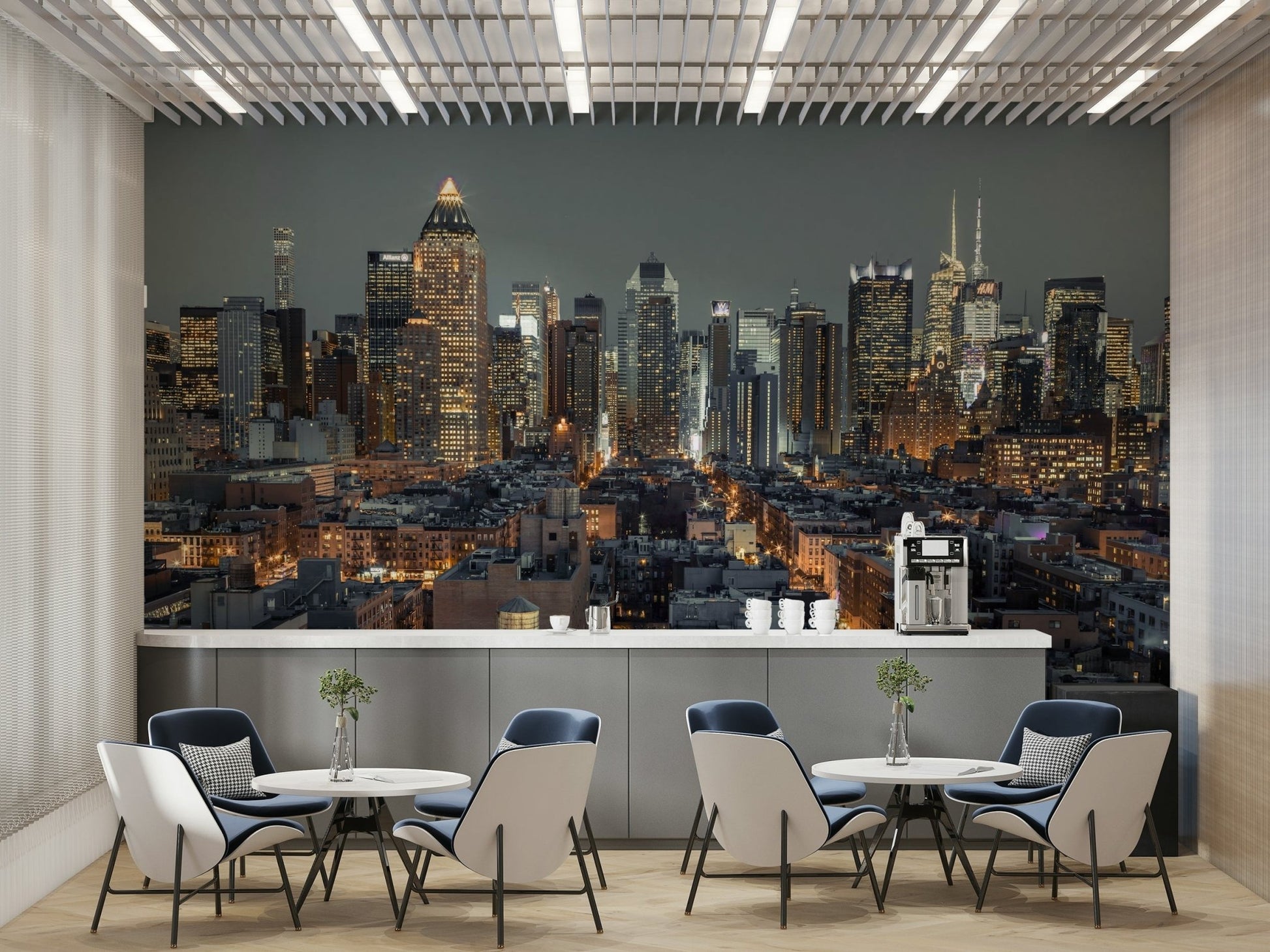 NYC nightscape mural featuring skyscrapers and bright city lights.

