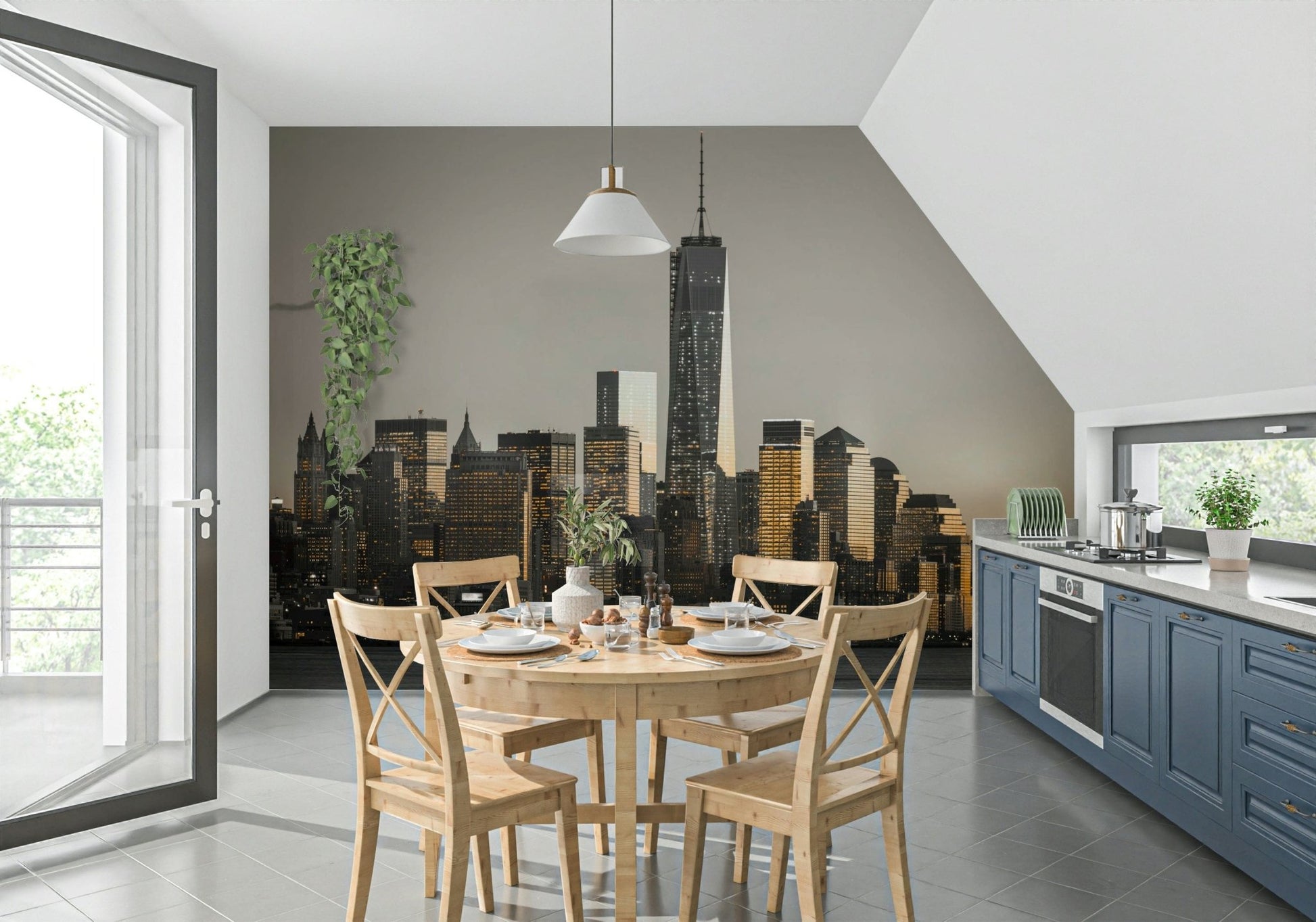 New York Cityscape Glow: Dramatic urban skyline view accent piece.