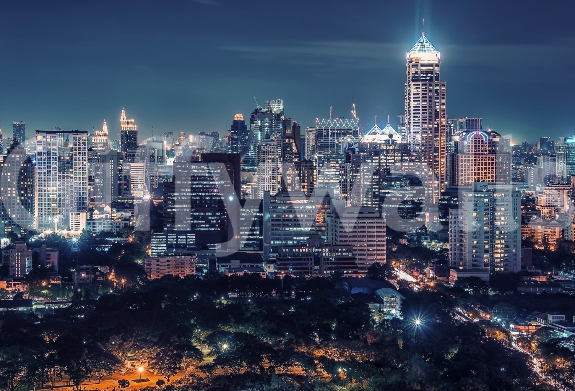 City skyline wall mural for feature wall, night lights and depth