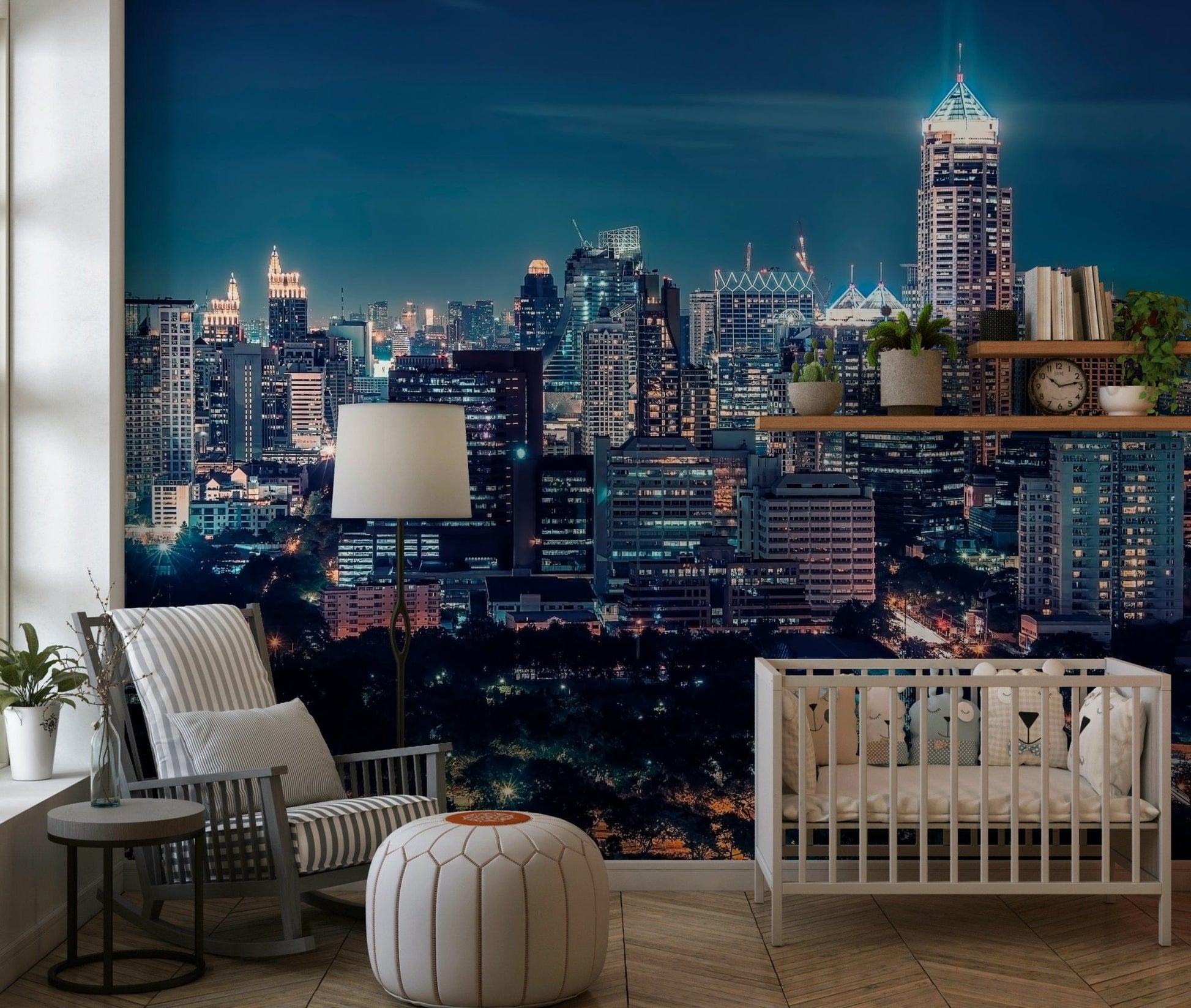 Night city mural in reading nook, moody color and modern style