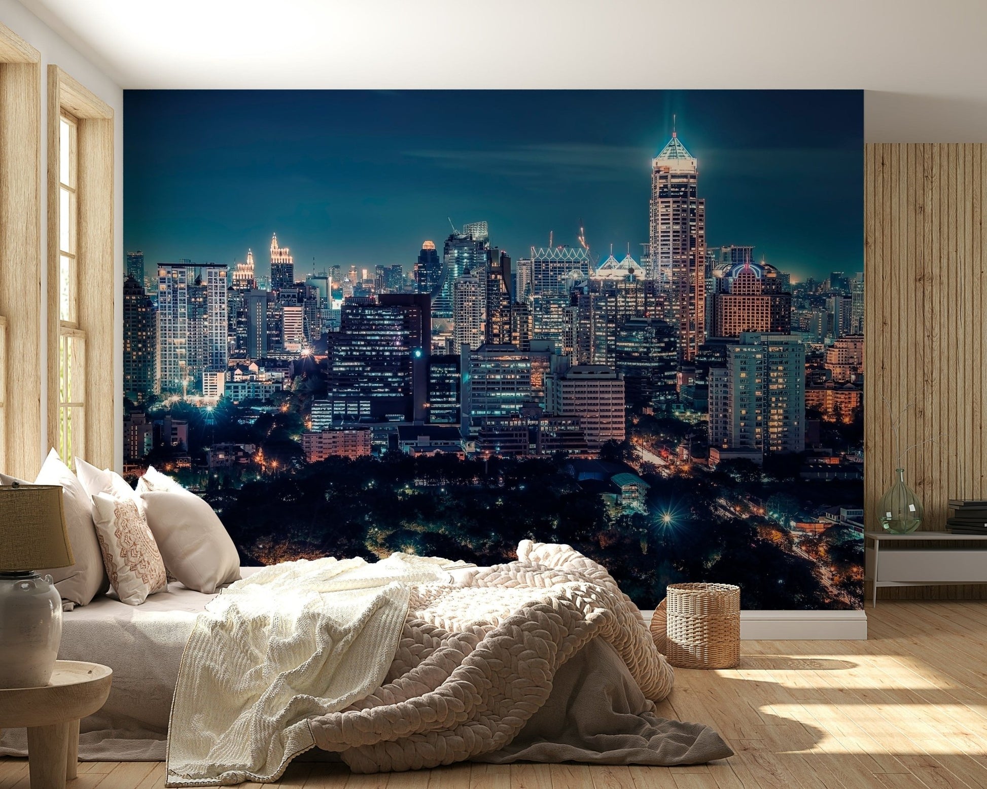 Minimal lounge with night skyline mural, cool color accents
