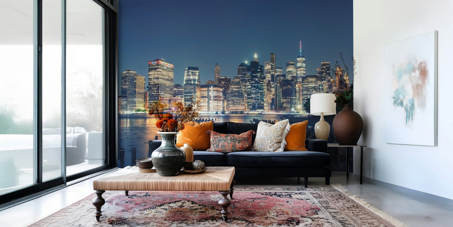 Pier over water mural in entryway, coastal scene behind wood console table