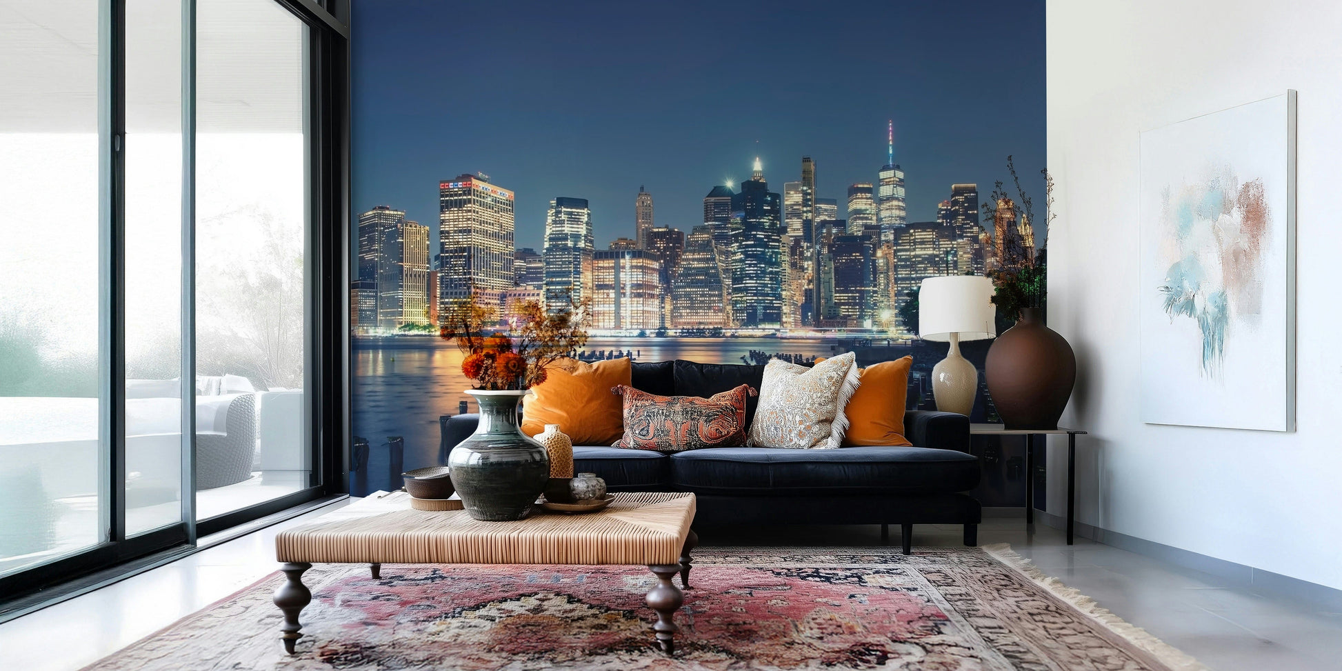 Pier over water mural in entryway, coastal scene behind wood console table