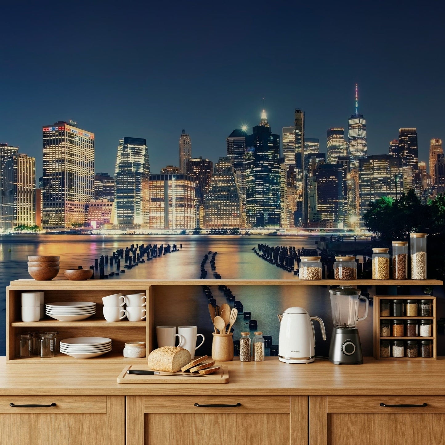 Pier scene mural in home office, clean coastal backdrop for modern space