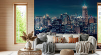 Night cityscape mural in modern living room, dark color feature wall