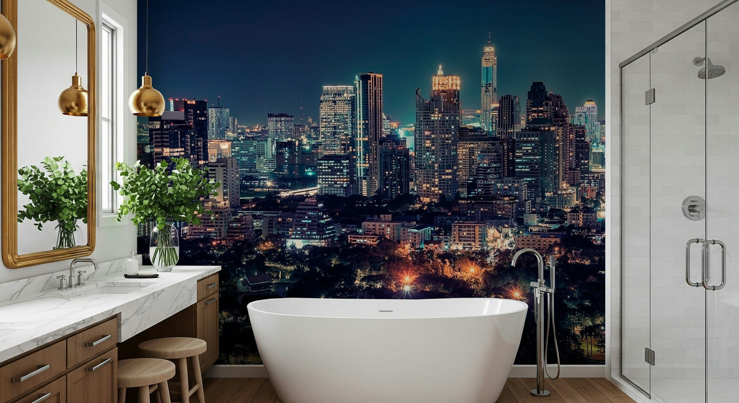 Lounge room feature wall with night metropolis mural, modern home styling finish