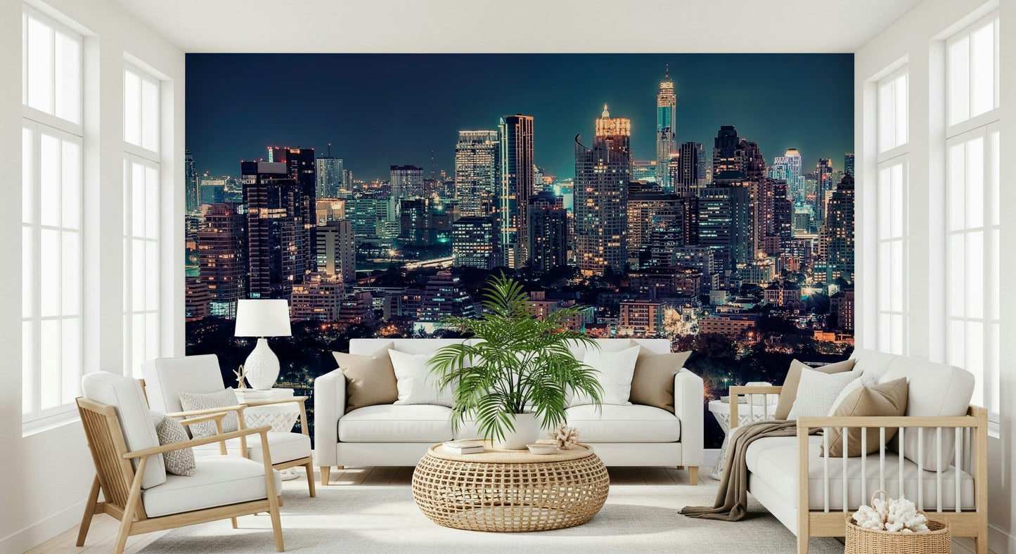 Dining room wall mural with dark metropolis skyline, balanced colour and depth