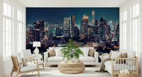 Dining room wall mural with dark metropolis skyline, balanced colour and depth
