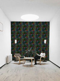 A peaceful nighttime garden mural on decorative wallpaper.

