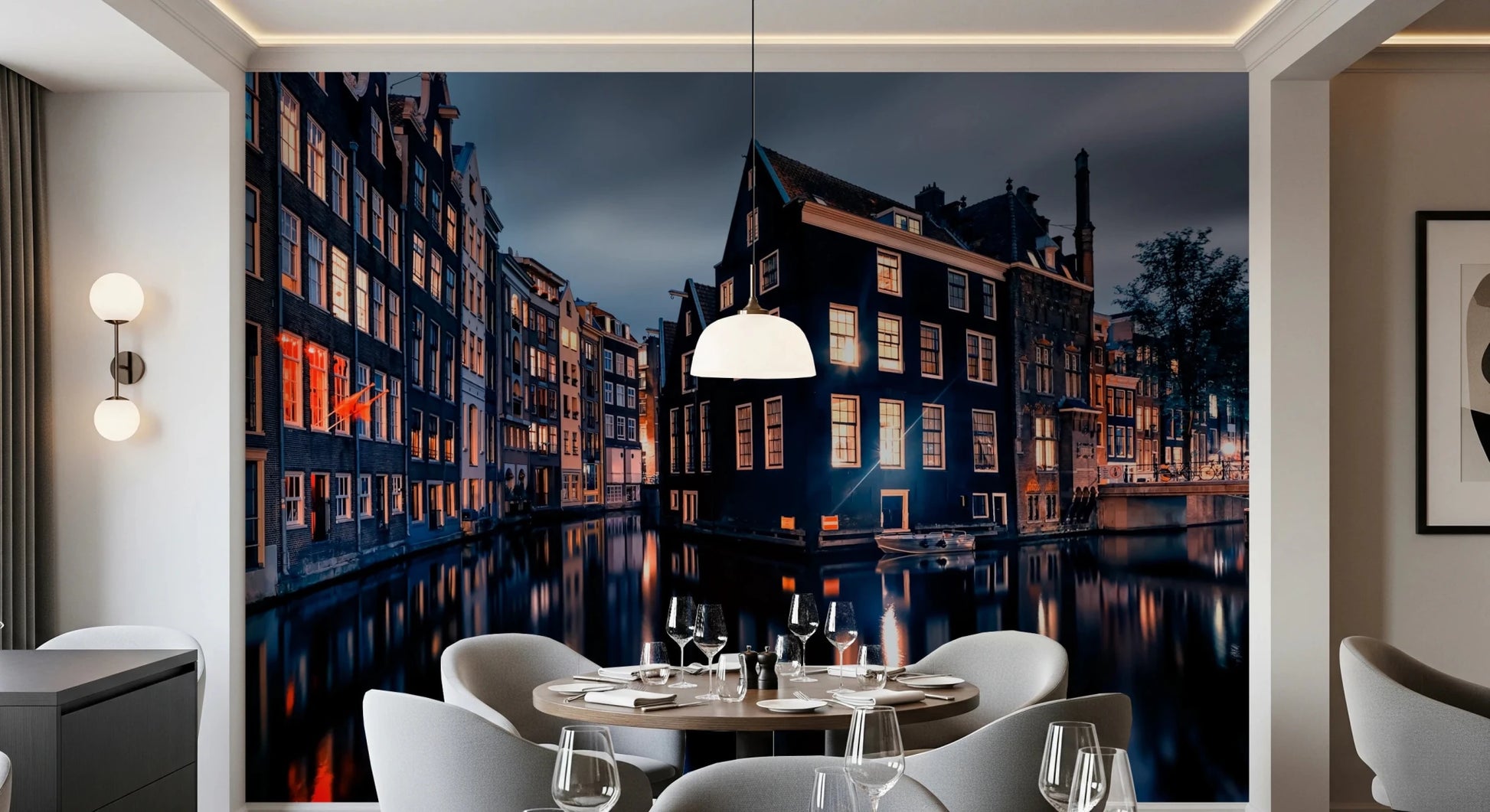 Evening city wall mural brightens neutral interior