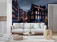 Urban night wall mural adds depth to lounge area