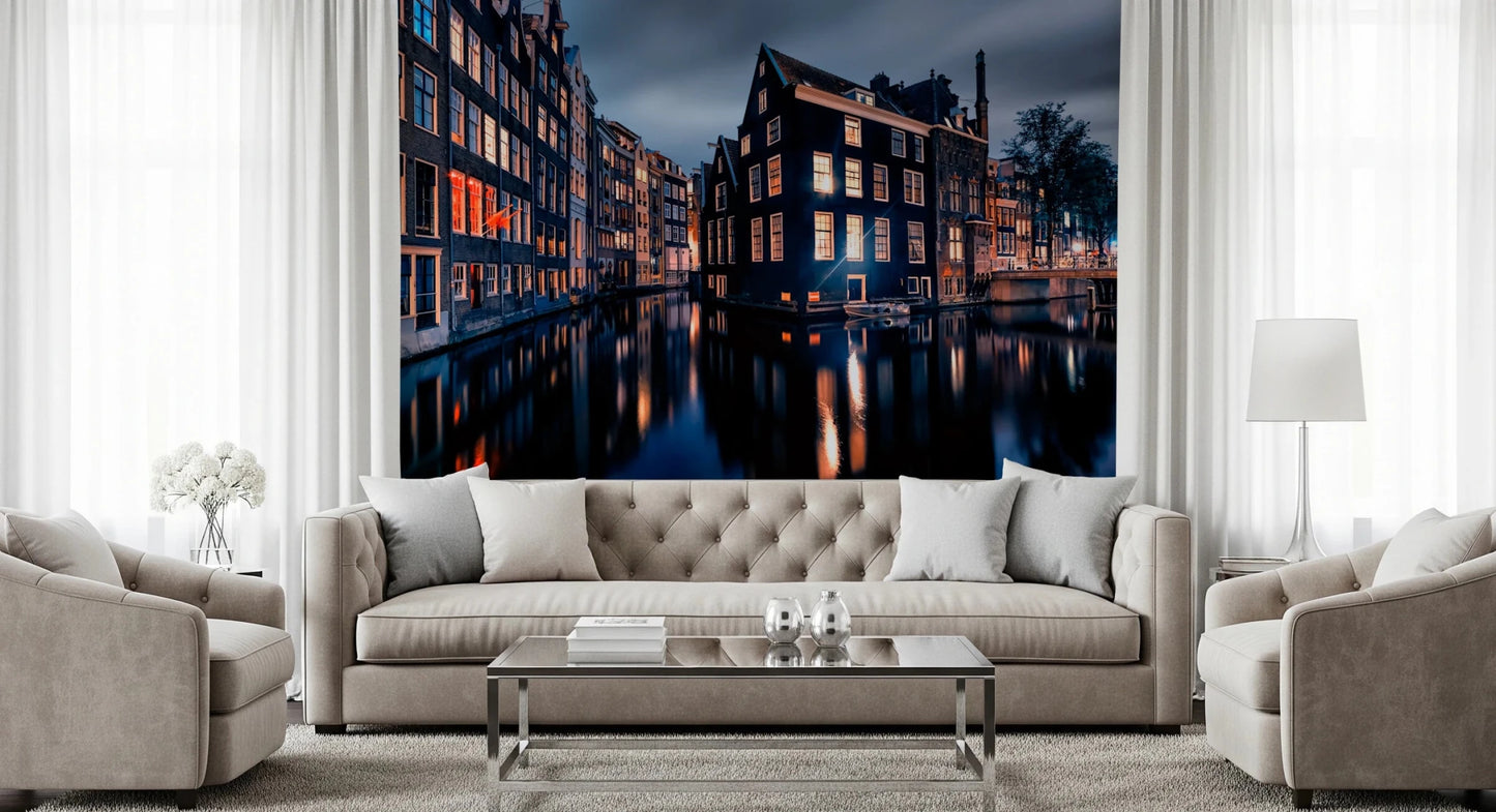 Night canal wall mural above modern beige sofa
