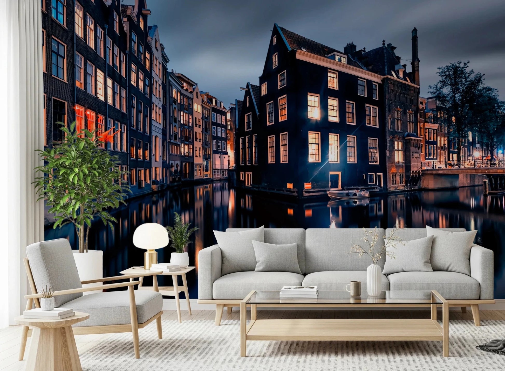 Twilight city wall mural complements white sofa