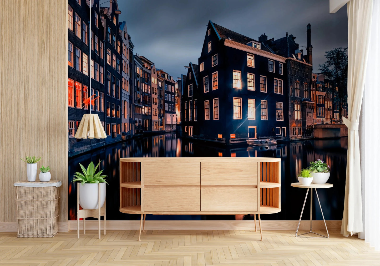Night waterfront wall mural pairs with wood tones