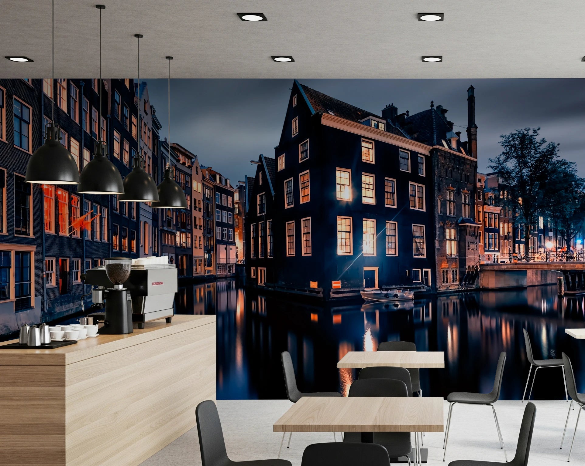 Historic canal wall mural enhances dining space