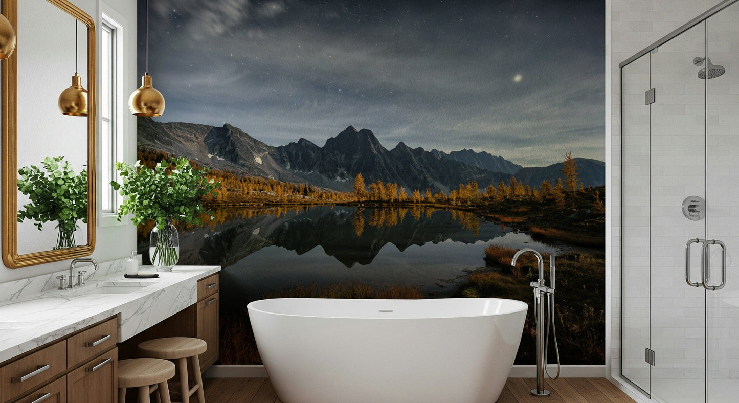 Night water reflection mural behind bed, dark color tones, modern bedroom wall decor